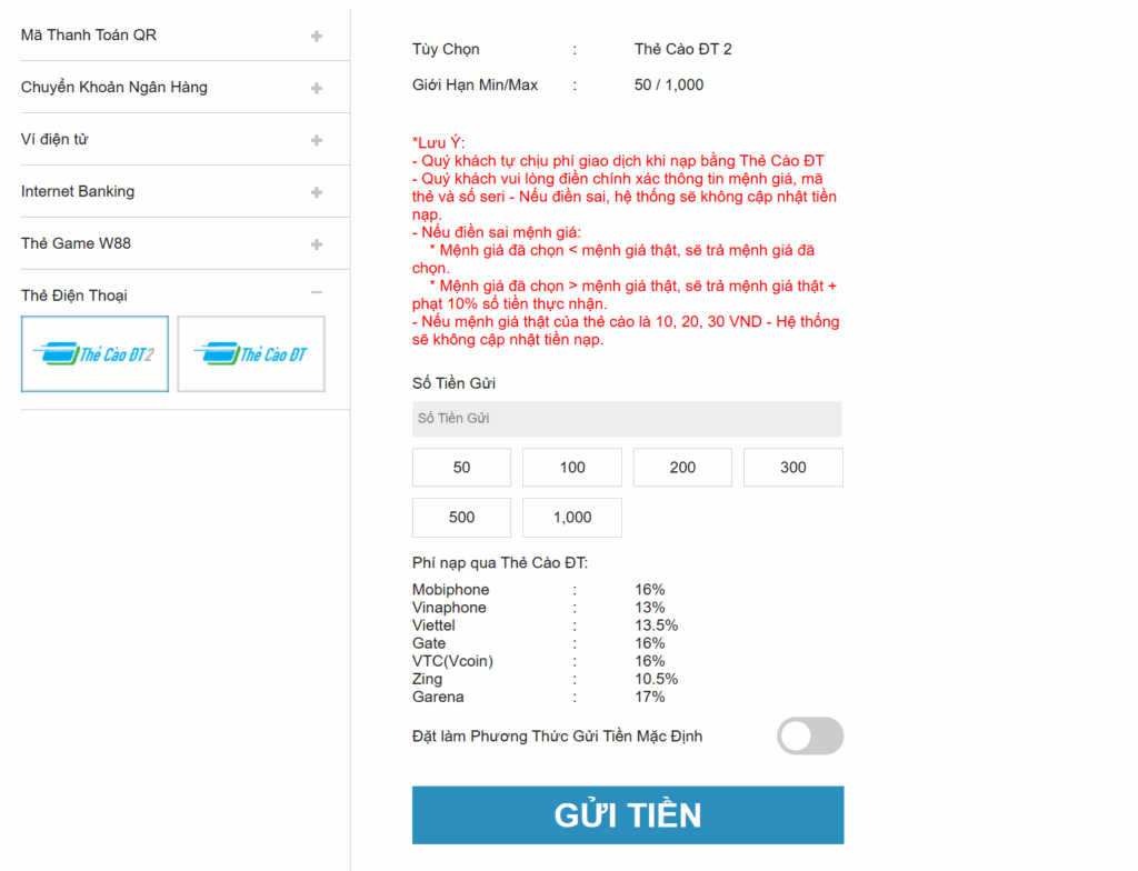 Bước 3 thẻ Garena tại W88